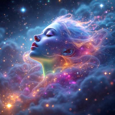 The primary subject of the image is a woman with long hair, who appears to be floating in a cloudy, starry sky. The setting is a celestial background, with the woman surrounded by a multitude of stars. The visual style is a digital art or illustration, creating a surreal and dreamy atmosphere. The colors and mood are predominantly purple and blue, with the woman's hair and the starry sky adding a sense of tranquility and wonder to the scene.